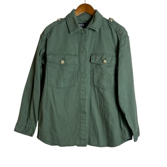 Zara‎ green denim button down shirt. Size small - Picture 1 of 7